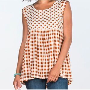 Matilda Jane polka dot & Gingham babydoll tank size M cream brown NWT